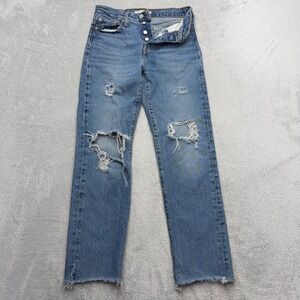 Levi's Premium Jeans Womens 25 Blue Wedgie Straight Distressed Raw Hem Denim